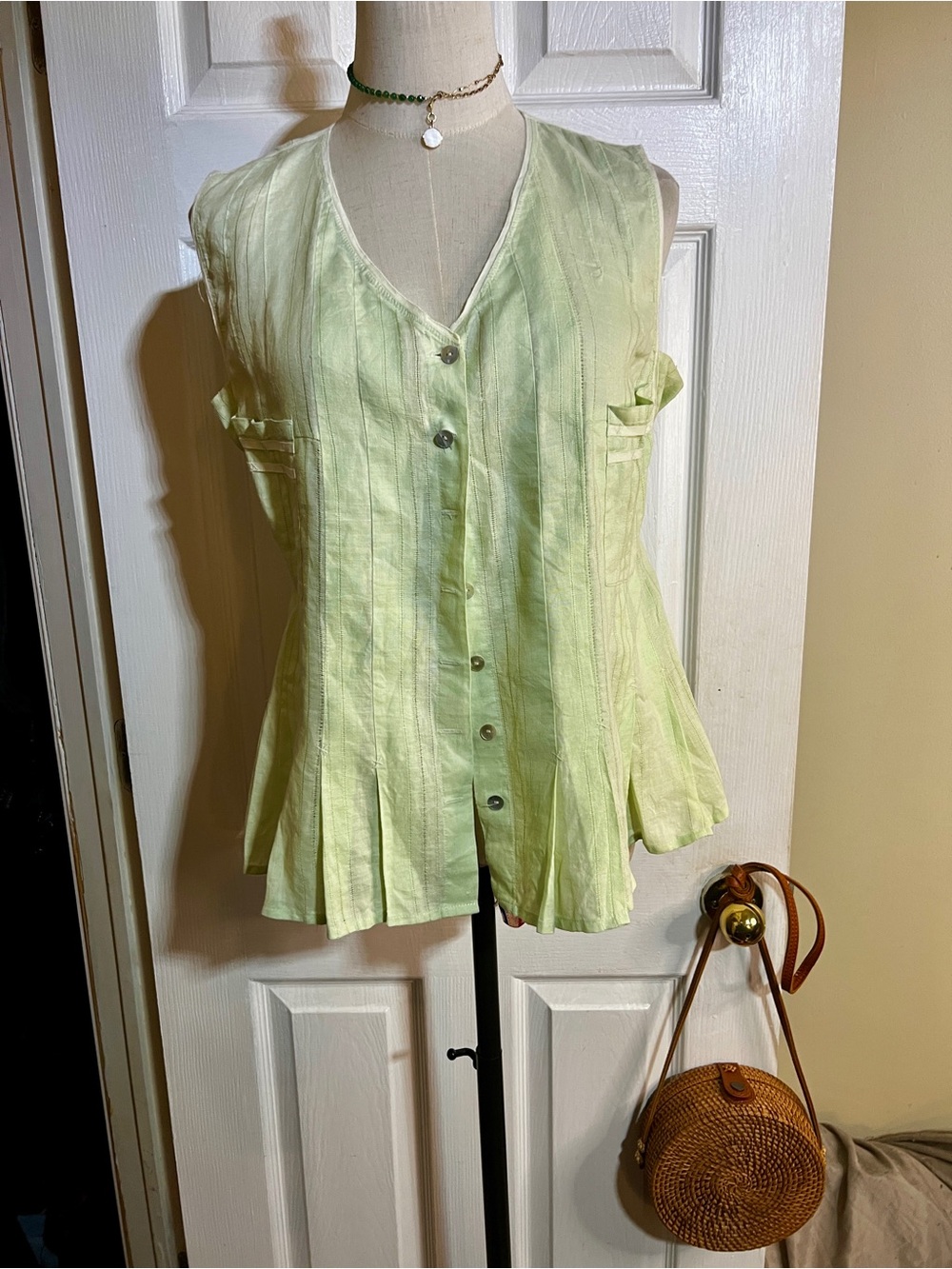 Alexandra Bartlett Wms Green Linen Pleated Pin tucked Peplum Striped Chic Top M